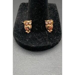 Gold Tone Small Owl Stud Earnings With Rhinestone Eyes